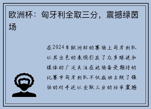 欧洲杯：匈牙利全取三分，震撼绿茵场